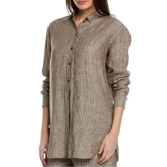 Boden Striped Linen Metallic Tan Relaxed Button Down Shirt Size 10 Regular Tunic - Picture 1 of 9